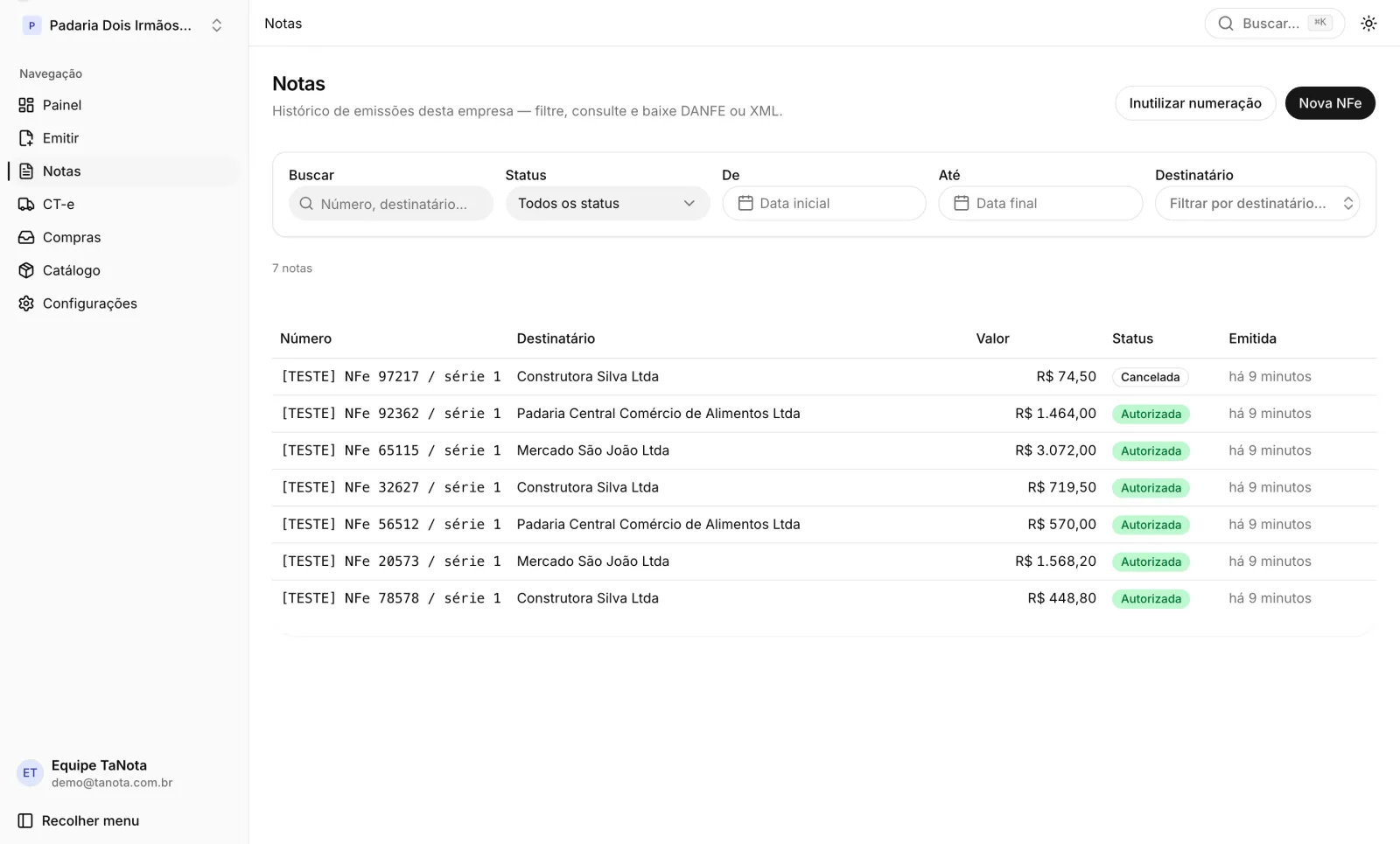 Histórico de notas do TaNota, com sete NFe listadas por número, destinatário e valor, seis autorizadas e uma cancelada, além de filtros por status, período e destinatário.