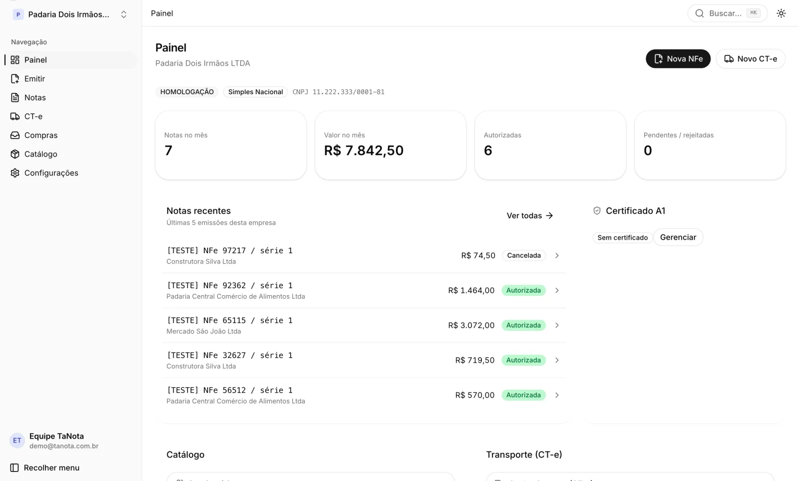 Painel do TaNota mostrando notas do mês, valor total, quantidade de autorizadas e pendentes, a lista de emissões recentes e o estado do certificado A1.